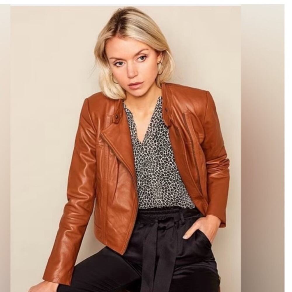 Michael Kors Carmel Brown Moto  100 % leather jacket medium small - Picture 3 of 15